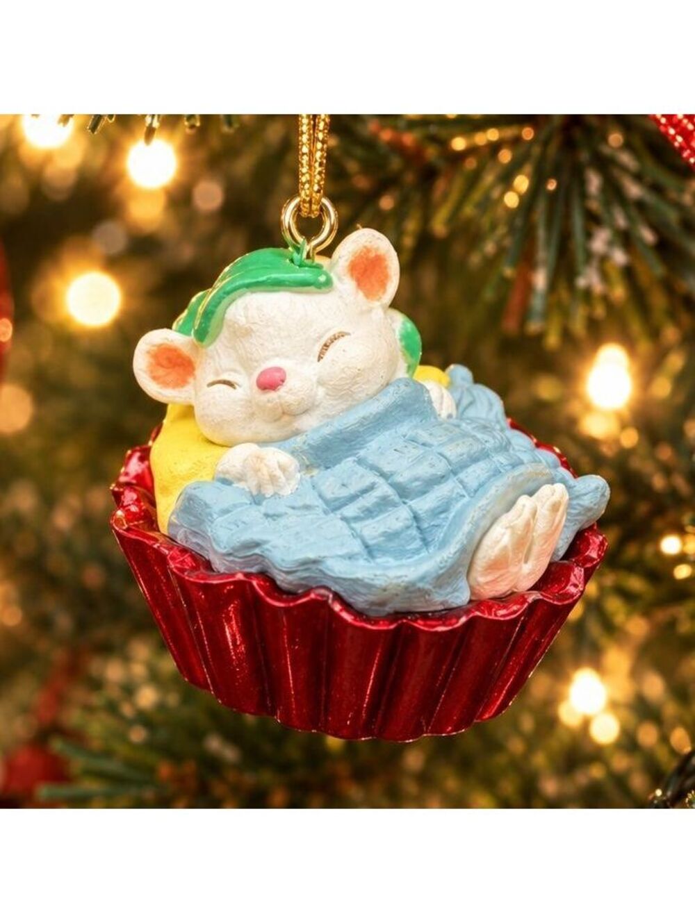 Vintage 1994 Hallmark Sleeping Mouse Christmas Ornament Bed Nightcap Holiday